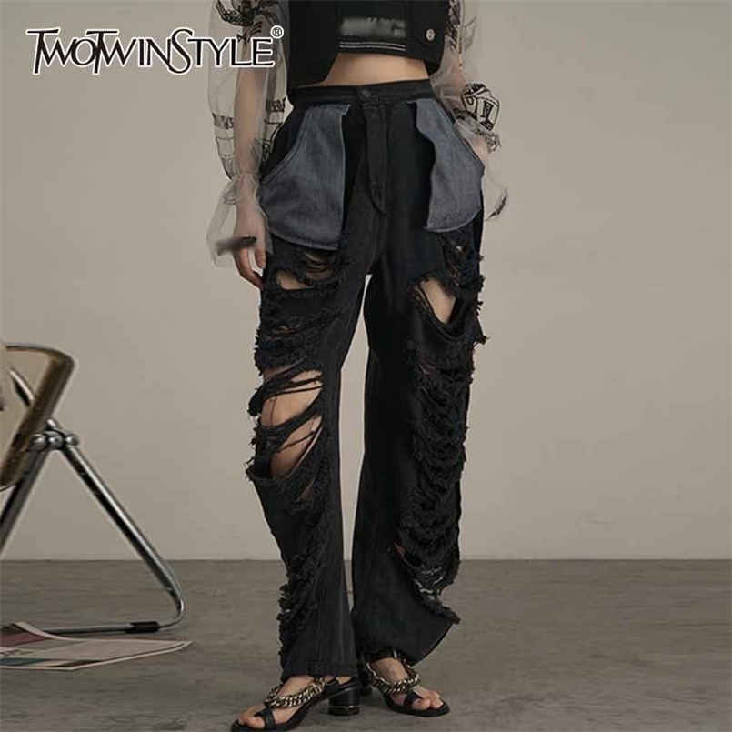 

Sexy Hollow Out Denim Pants For Women High Waist Patchwork Pockets Full Length Loose Jeans Female Summer Style 210521, Black
