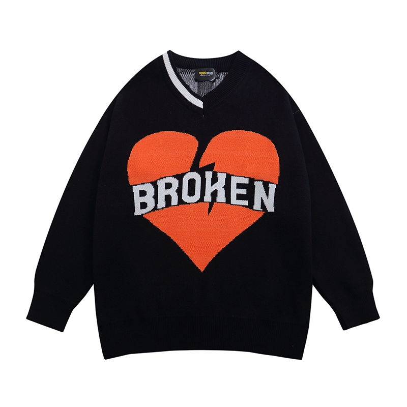 

Letter Print V-Neck Couple Sweaters Autumn Korea Streetwear Oversize Pullover Sweater Loose Knitted Mens Tops, Black