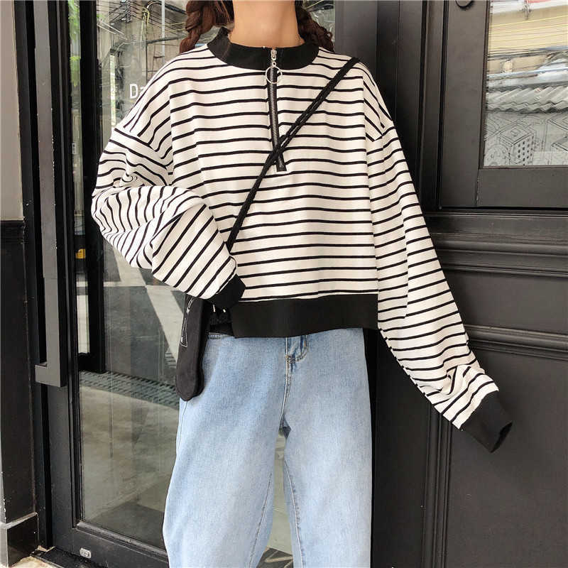

Ulzzang Harajuku striped zipper short-sleeved sweatshirt women autumn fashion loose hooded O-neck casual female 210608, White