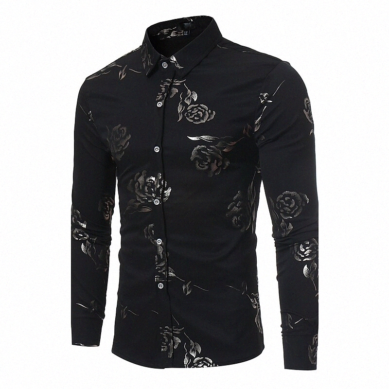 Men's Shirt Floral Classic Collar Party Daily Print Long Sleeve Slim Tops Black Wine Navy Blue / Club L72f#