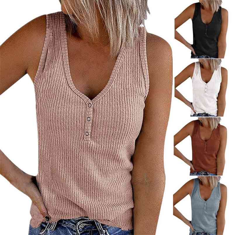 

Women's Sexy Tank Top Knitted Ribbed Sleeveless T-Shirt Woman Summer V-neck Button Off-shoulder Casual Loose Cotton 210604, Brick red