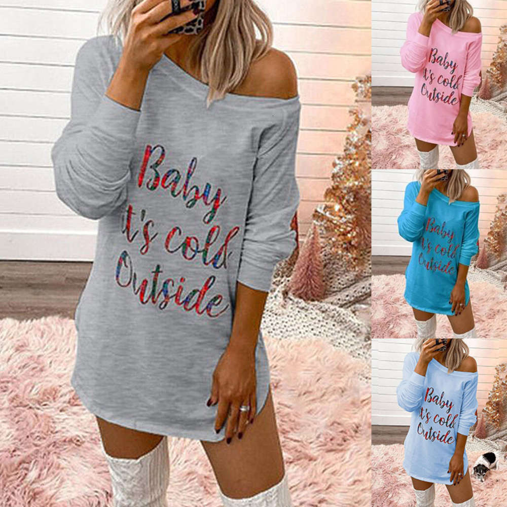 

Casual Dresses 2021 spring and autumn letter printing long sve round neck women' T-shirt, Gray