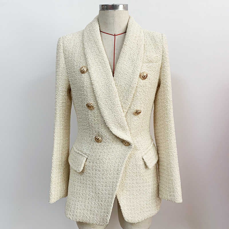 

HIGH QUALITY est Fall Winter Designer Blazer Women's Double Breasted Lion Buttons Shawl Collar Thick Tweed Jacket 210526, Beige