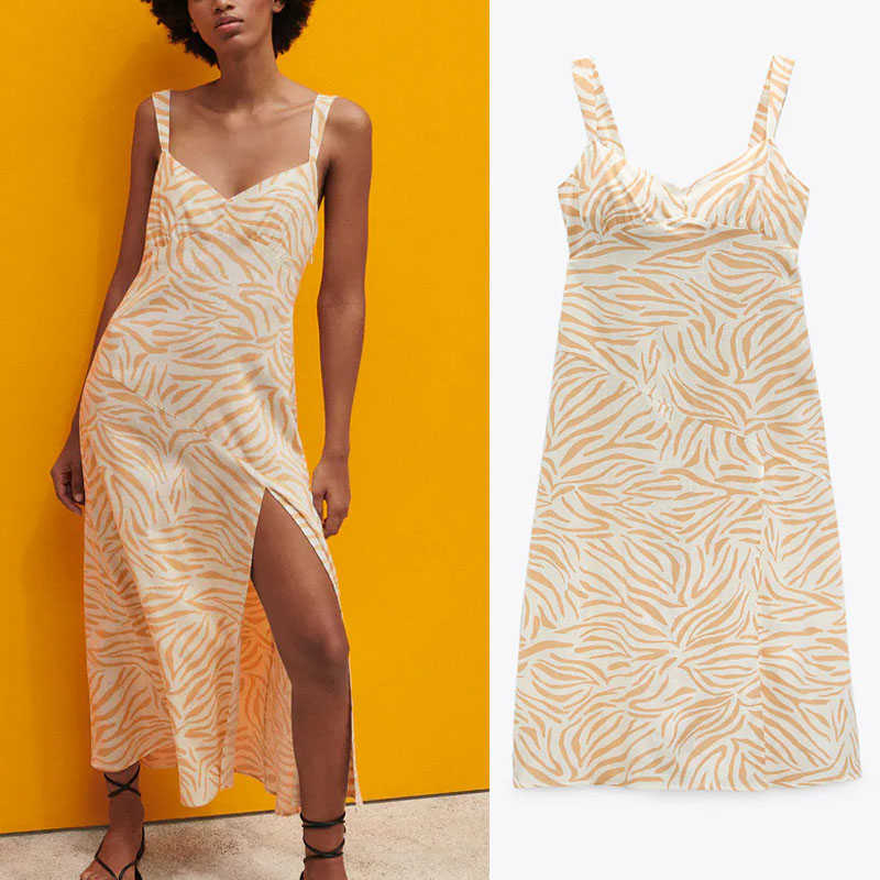 

Za Vintage Animal Print Women Summer Dress Sleeveless Straps Elastic Sundress Chic Side Zip Front Slit Woman Long Dresses 210602, As picture
