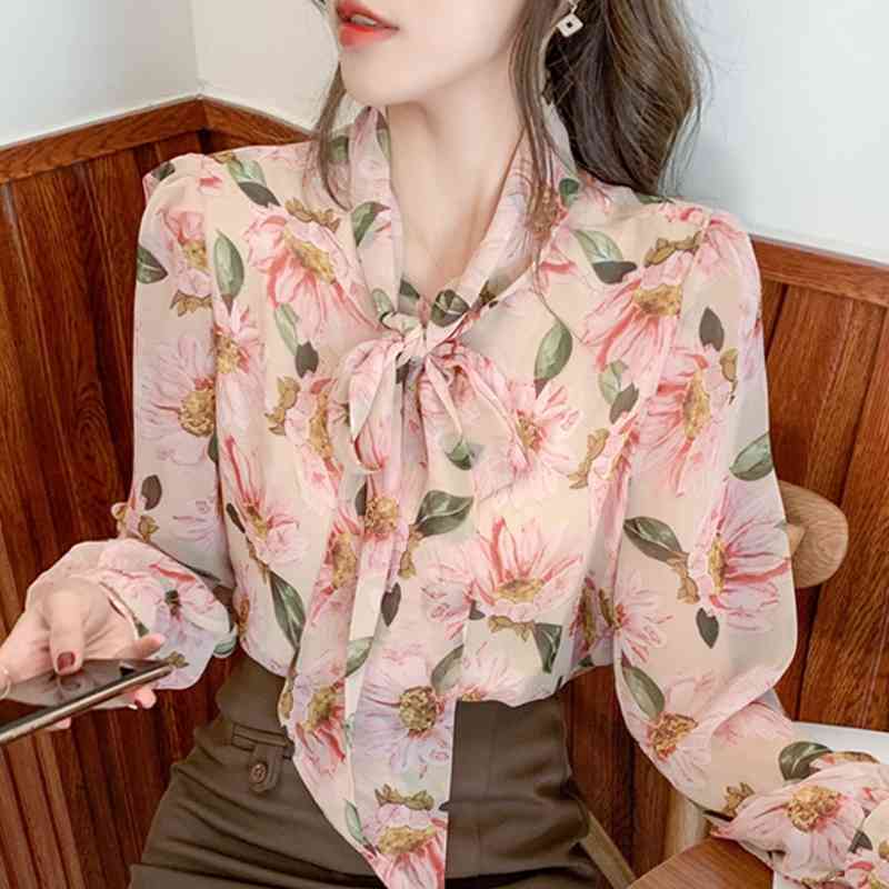 

Long Sleeve Flower Print Chiffon Blouse Shirt Women Tops Blouse Women Blusas Mujer De Moda Bow V-Neck Women Blouses E414 210602