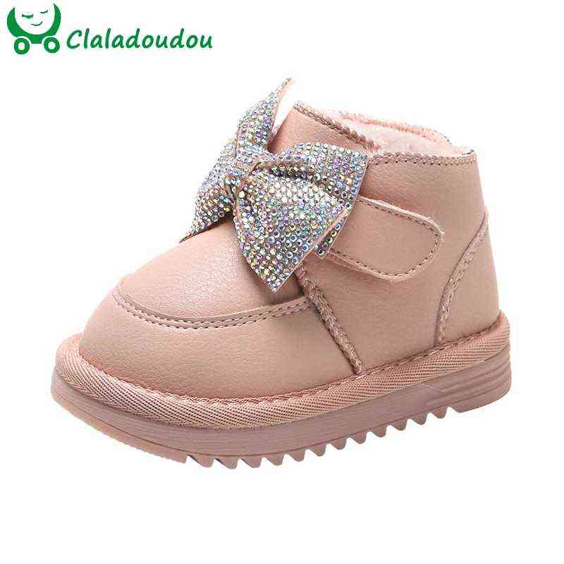 

12-15.5CM Children Snow Boots With Thicker Plush Kids Girls Warm Winter Shoes Bling Bow Knot Solid Pure Toddler Boots 211108, Beige