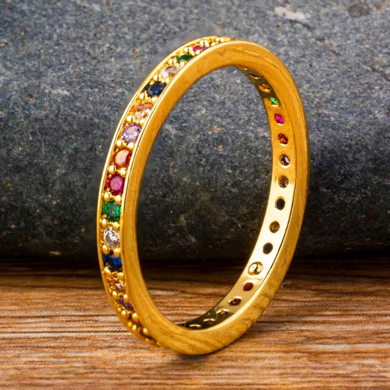 

Cluster Rings Custom Personality Jewelry Colorful CZ Rainbow Ring Simple Round Copper Female For Women Accessories Girlfriend Gift