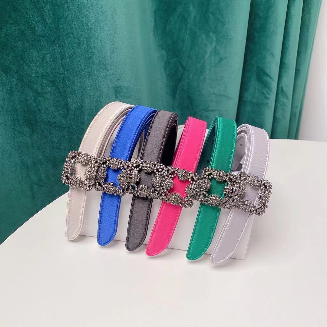

2021 early spring style silk + leather ladies thin belt crystal inlaid buckle trendy fashion decoration High-end custom, Blue