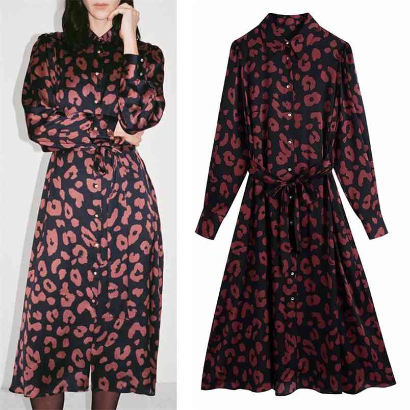 

Vintage Leopard Printed Shirt Dress Women Autumn Winter Fashion Belt Tied Long Sleeve Midi es Ladies Elegant 210519, Print