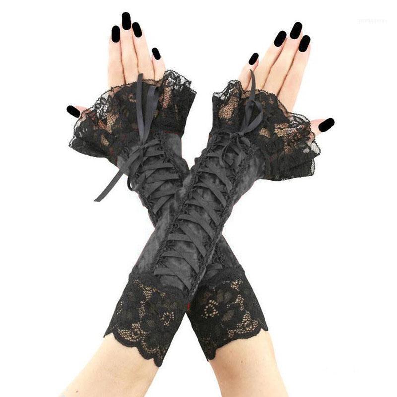

Women Black Bandage Lace Gothic Cuff Fake Sleeve Glove Halloween Bride Accessories1