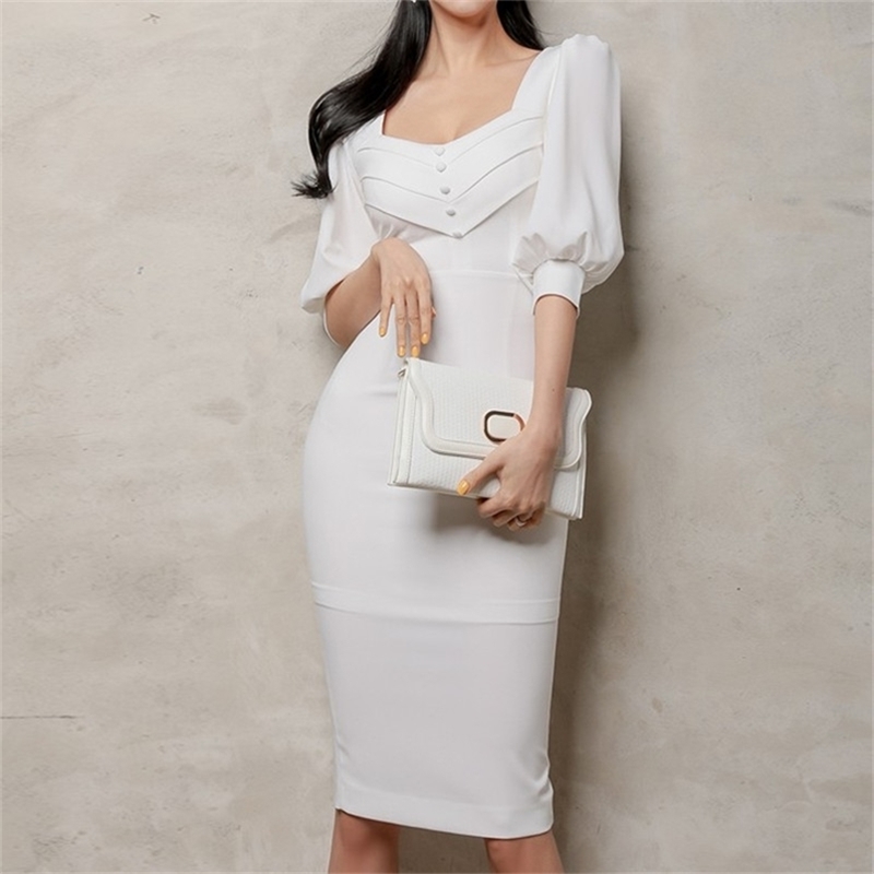 

Spring Office Lady Work Dress Elegant single-breasted Puff Sleeve Slim split dress Formal Business 210603, Picture color