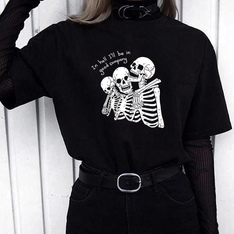 

Summer Women T shirt hell, I will print Gothic blouse the skeleton of Harajuku punk letters in good company Street fun casual retro tee, White