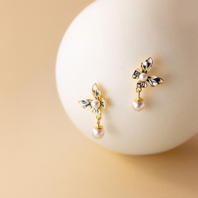 

Dangle & Chandelier Genuine 925 Sterling Silver Delicate Blue Butterfly Earrings Dainty Pearls Drop Earring For Women Fine Jewelry
