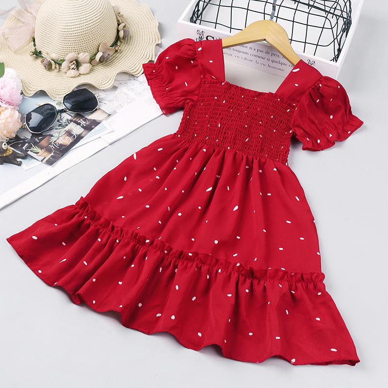 

Girl's Dresses Polka Dot Printed Cotton Comfortable Children's Dress 2021 Summer Kid Girl Puff Sleeve For Children Clothing, Red;yellow