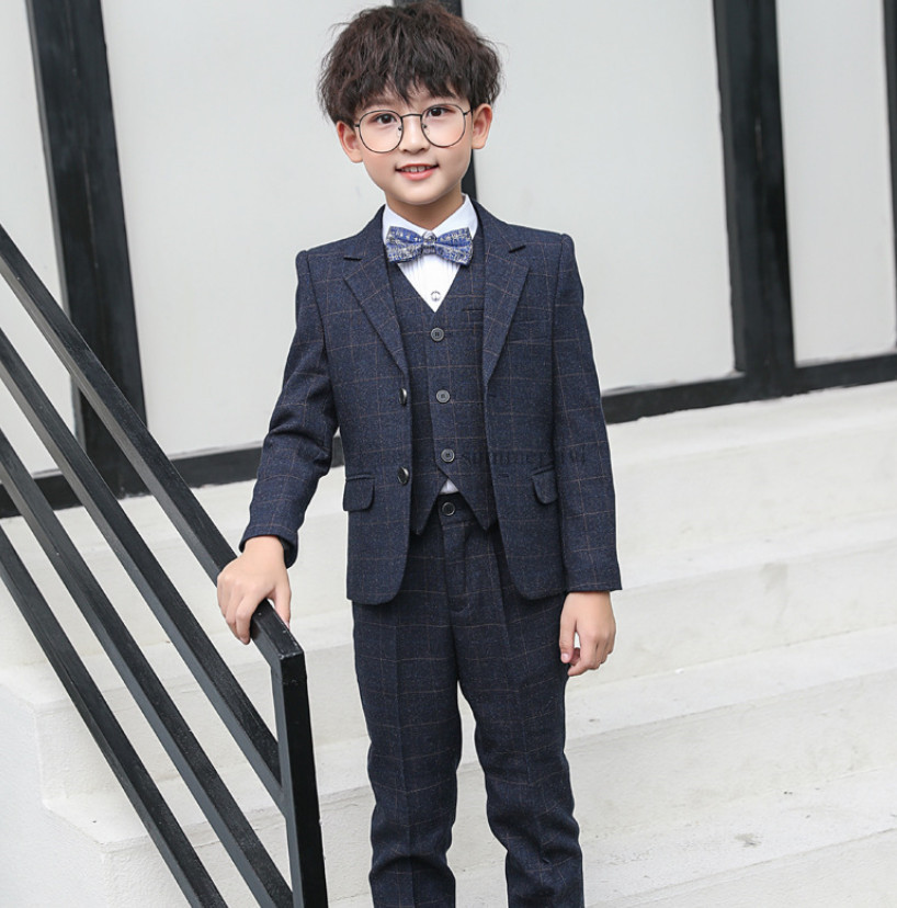 

Fashion Boys Performance sets Kids Bow Tie plaid blazers waistcoat white shirts pants 5pcs boy wedding party clothes A7073, Black