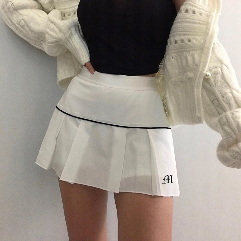 

2021waatfaak high waist tennis skirt pleated embroidery striped a line korean skirts short black harajuku skirt white autumn