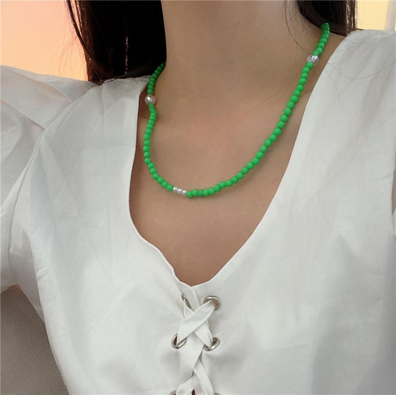 

Chains HUANZHI 2021 Korean Simple Summer Green Blue Beaded Imitation Pearl Necklace Choker For Women Girls Party Accessories
