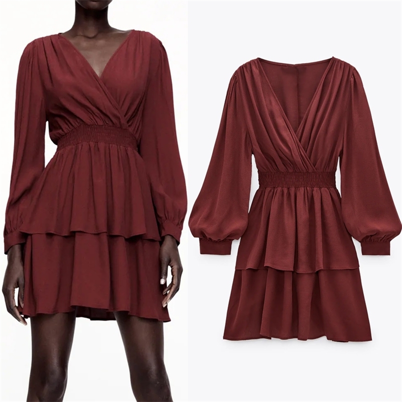 

Autumn Winter Woman Dress Vintage Red Ruffle Long Puff Sleeve Mini Women Elegant Ladies Christmas Party es 210519, Burgundy