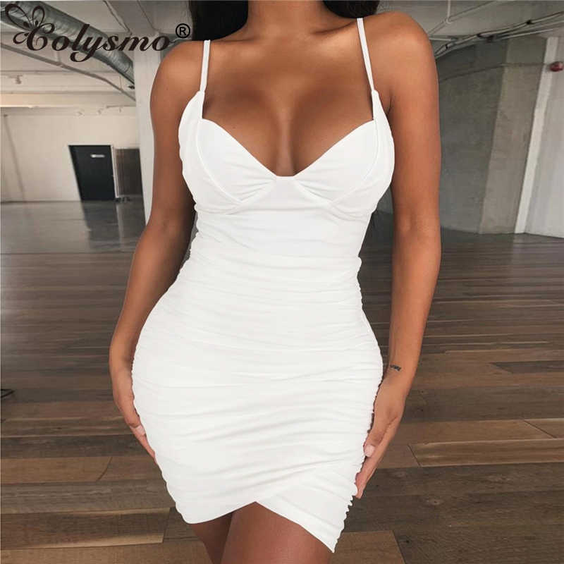 

Colysmo White Beach Dress Women Spaghetti Straps Push Up Padded Backless Sexy Party Club Wear Ruched Bodycon Short 210527, Black