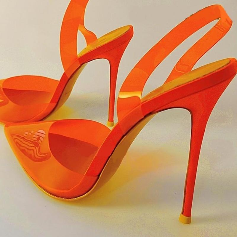 

Dress Shoes Big Size 34-45 Transparent PVC Women Pumps Pointed Toe Stiletto Heel Slingback 12cm Fuchsia Pink Orange Banquet Footwear, Gold