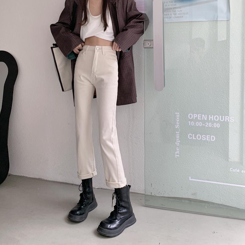 

Women's Jeans DD0568 Straight High Waist Slim Stretch Cropped Trousers, Blue