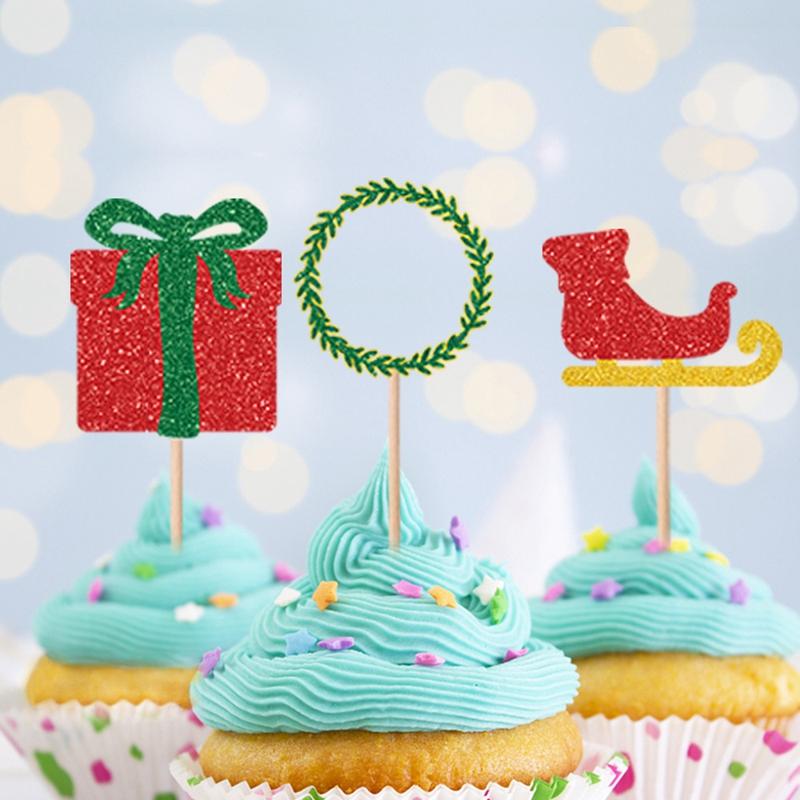 

Christmas Decorations Flags Cake Topper Collection Gold Xmas Theme Snowflake Glitter Picks Santa Claus Plug-In Party