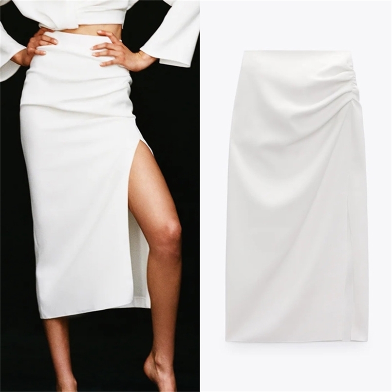 

TRAF Za Women Ruched Skirts Summer White Long High Waist Pencil Basic Elegant Slit Fashion Midi 210702
