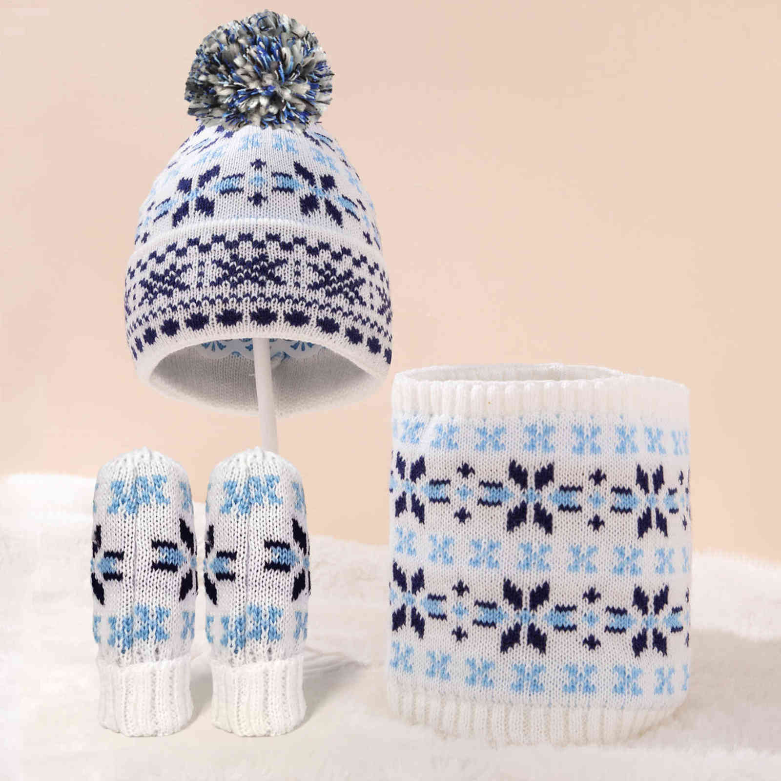 

Baby Kids Hat Scarf Gloves 3pcs Set Children Winter Warm Knit Hats for Girls Boys Ear Warmer Woolen Hairball Caps Kbh188