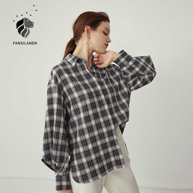 

FANSILANEN Casual loose plaid blouse shirt Women lantern sleeve vintage button up Female autumn winter office elegant top 210607