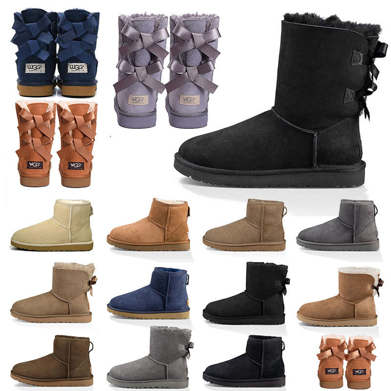 

2021 Wgg ug Designer women australia australian boots winter snow furry black navy blue pink satin boot ankle Bailey booties fur leather outdoors Bowtie shoes, A24