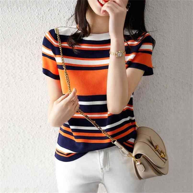

Fashion Women's Knitwear Summer Contrast Striped Loose Casual All-match T-shirt 210520, The picture color