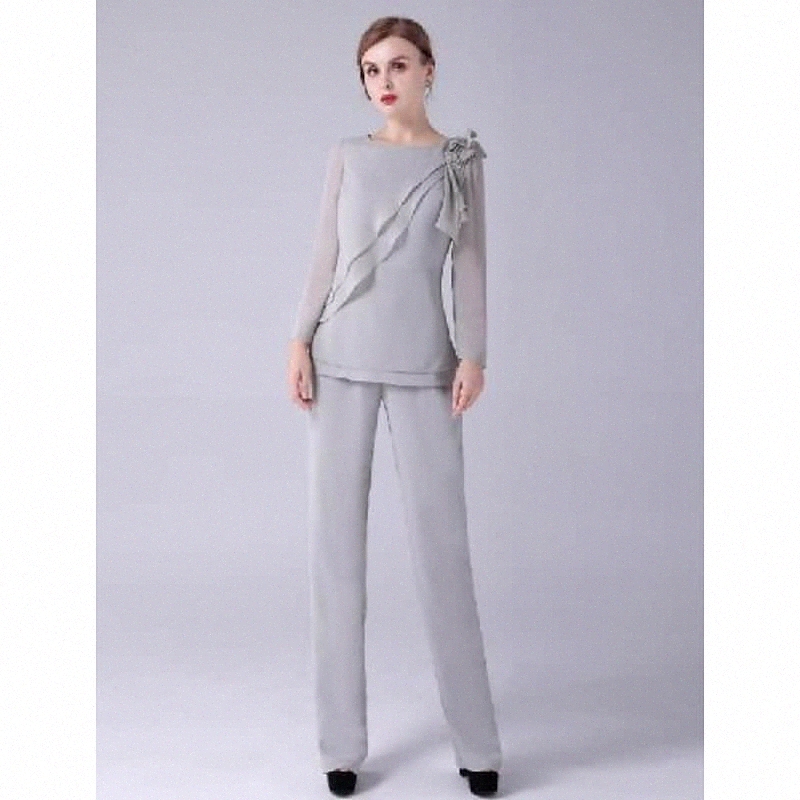 Jumpse à deux pièces Mère de la mariée Robe élégante Coulée Sweet Beang Neck longueur Durée de mousseline longue manches longues avec cristaux dr