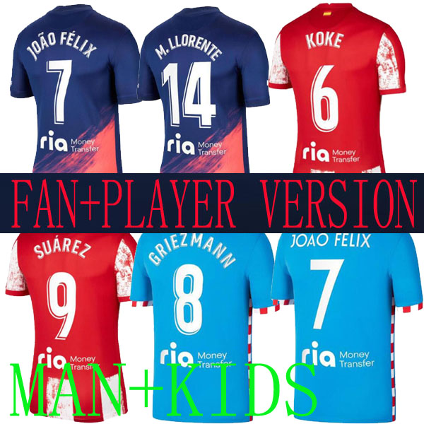 

Atletico soccer jerseys 21 22 JOÃO FÉLIX MADRID Player version 2021 M. LLORENTE third SUAREZ Correa Carrasco camiseta football shirts uniforms kids kit away GRIEZMANN R, Third man 2