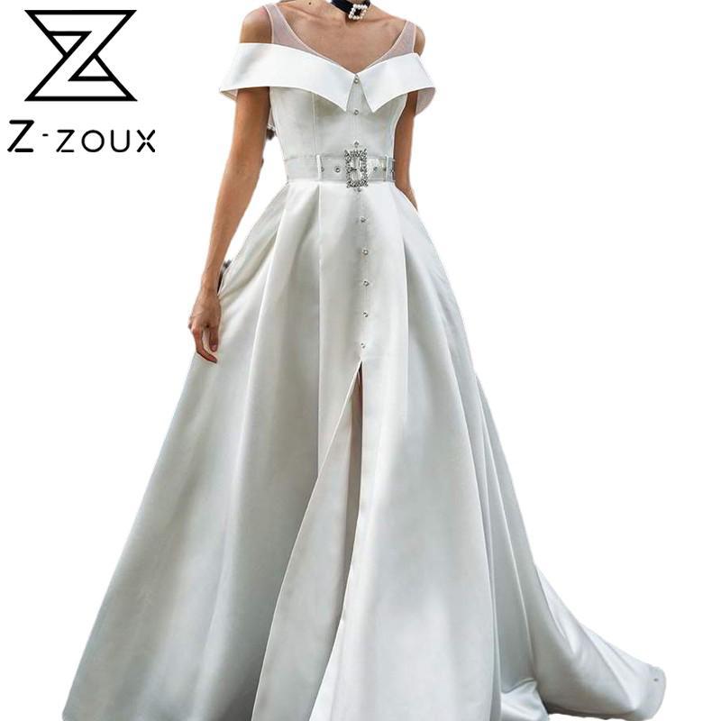 

Women Dress Temperament Party Slash Neck Off Shoulder High Waist Split Evening es Long Plus Size Maxi es 210524, White