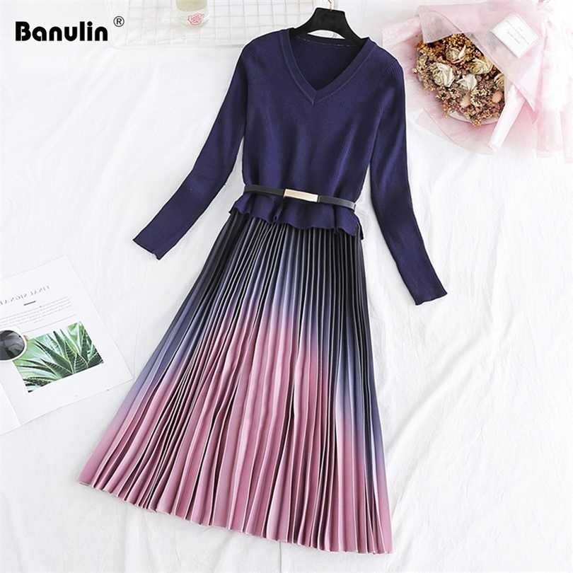 

Autumn Winter Elegant Knitted Patchwork Gradient Pink Pleated Dres Long Sleeve Office Sweater With Belt 211110, Blue 8038