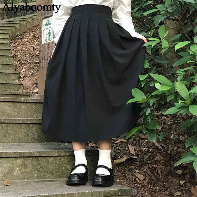 Spring Fall Preppy Style Women Long Skirt High Waist Plus Size Solid Jupe Longo Elegant Vintage Gray Black Pleated Skirts Womens 210412Z