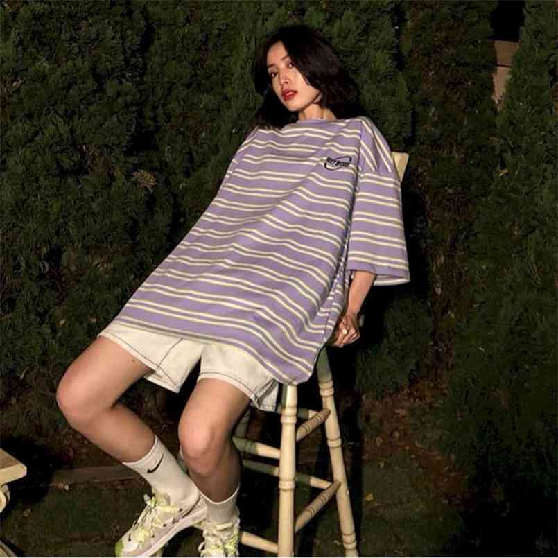 

Striped short-sleeved men's women's shirts summer Korean loose Hong Kong style round neck hip hop bottoming T-shirt top 210708, Light purple