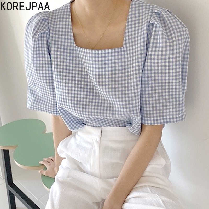 

Korejpaa Women Blouses Korean Chic Summer Gentle Square Collar Plaid Fashion Loose-fitting Bubble-sleeved Female Shirt Top 210526, Blue