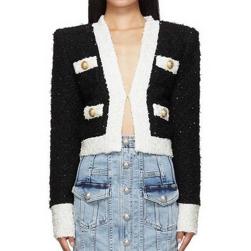 

HIGH QUALITY est Designer Jacket Women's Black White Contast Color Shimmer Tweed Short 210526, Beige