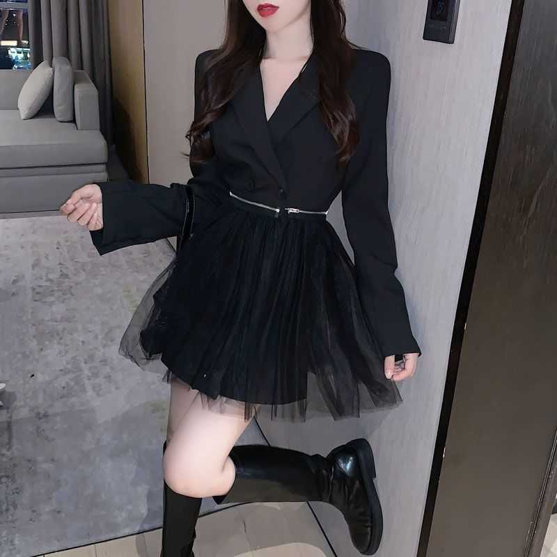 

Blazer Dres Casual Black Mesh Office Female Spring Business Long Sleeve Double Breasted Mini Korean 210604, White blazer dress