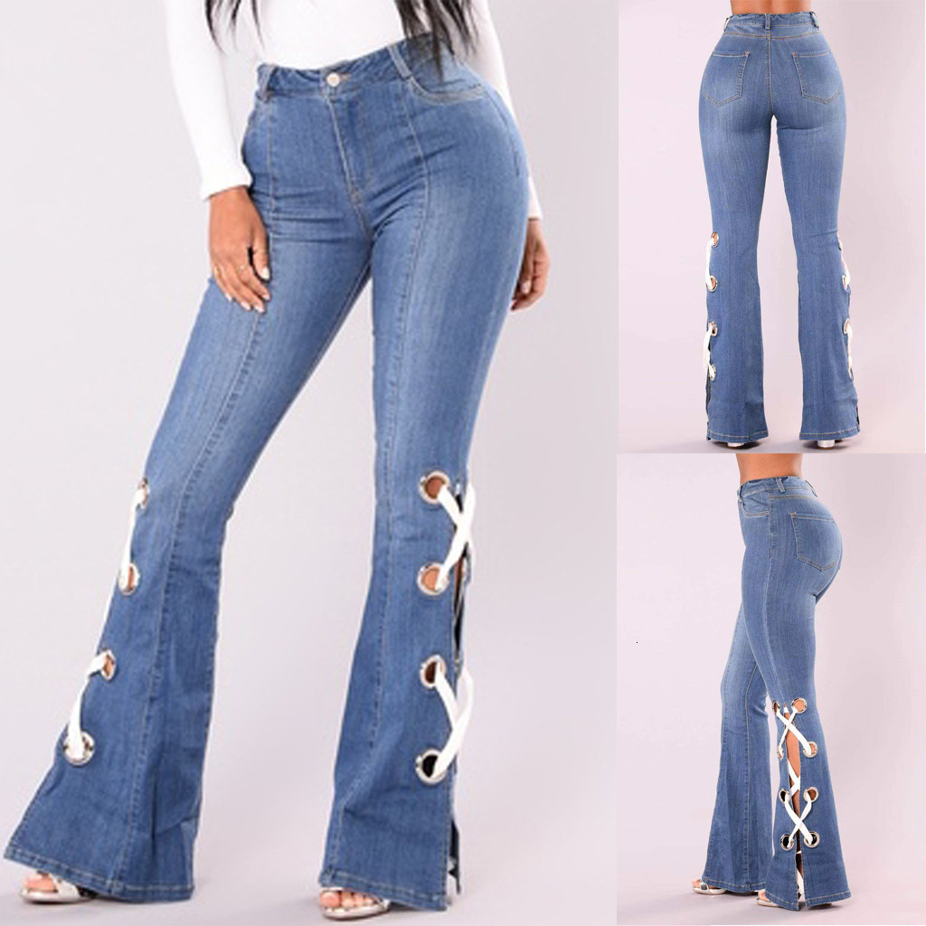 

women's jeans women vintage flare lace up bow skinny wide leg denim pants casual trousers high waist sz4p, Blue