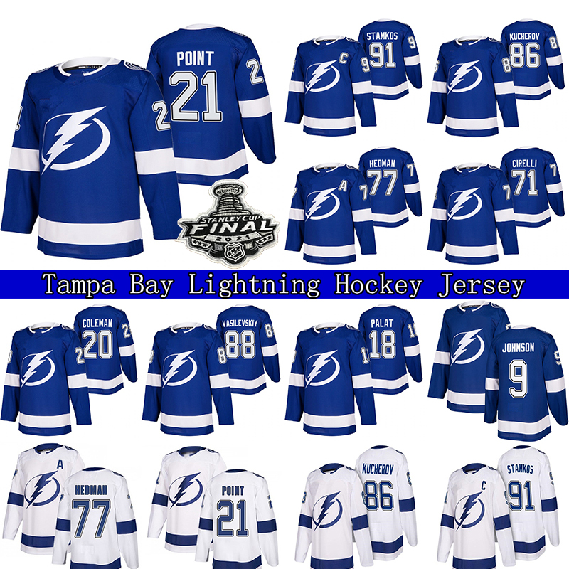 

86 Nikita Kucherov Tampa Bay Lightning Jersey 77 Victor Hedman 91 Stamkos 21 Brayden Point 71 Anthony Cirelli Hockey Jerseys, Blue 7