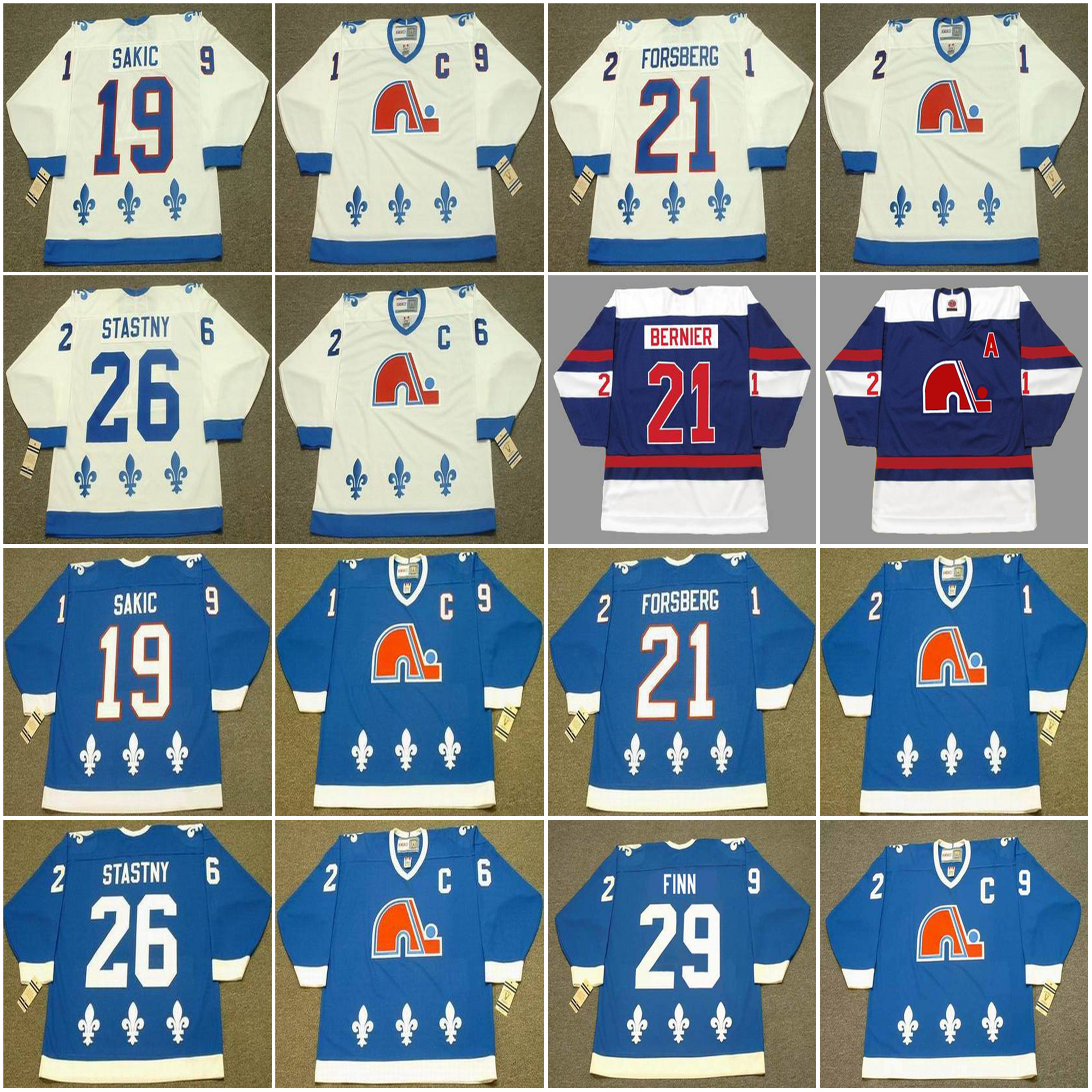 

Quebec Nordiques Jersey Hockey 19 JOE SAKIC 1992 FORSBERG 1994 BERNIER 26 PETER STASTNY 1988 27 RON HEXTAL FINN BRODEUR HUNTER BOUCHARD 52 ADAM FOOTE, 21 peter forsberg 1994 white