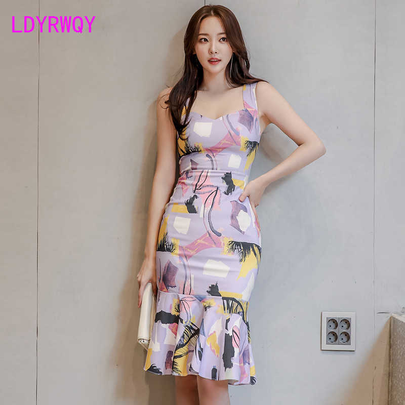 

Summer Temperament V-Neck Strap Slim Bag Hip Ruffle Fishtail Print Dress Knee-Length Sleeveless 210603, Pink
