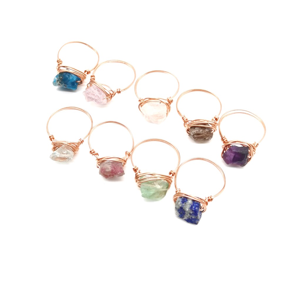 Hand Wrap Brass Wire Colorful Natural Stone Ring for Women Gift-image-727585222