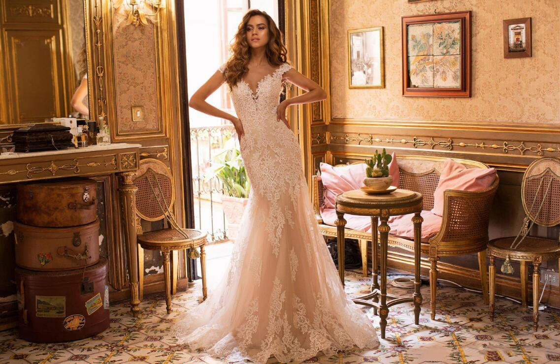 Berta Champagne Capped Sleeves Mermaid Wedding Gowns Full Lace Appliques Tulle Bridal Dresses-image-513994457