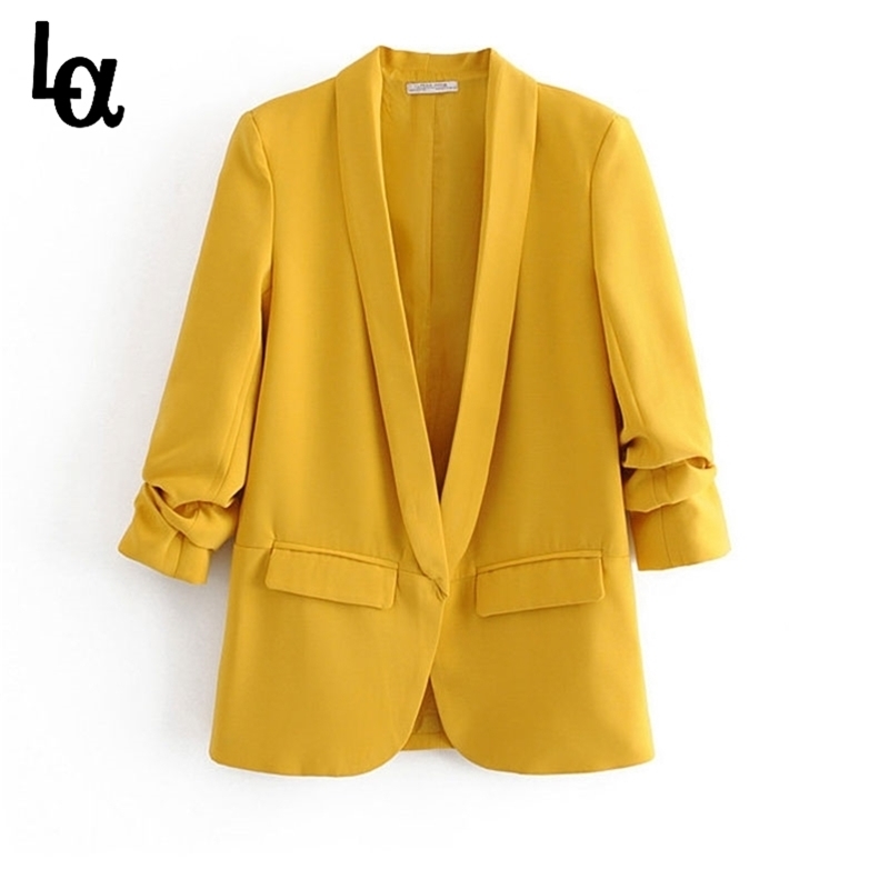 

Spring Autumn Fashion Red Blazer Women Office Lady Puff Sleeve Workwear No Button Three Quarter Ladies Outwears 210519, Black blazer