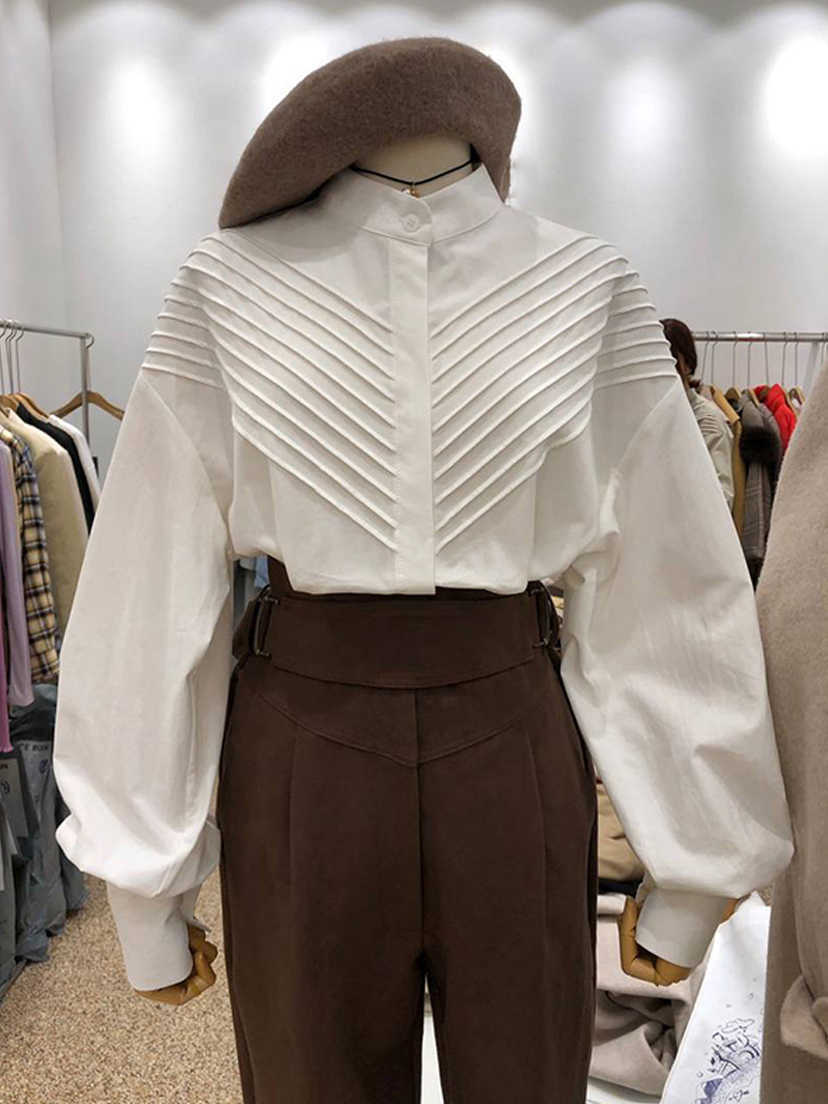 

SuperaAen Korea' Spring Summer Dress Temperament Stand Collar Pleated Lantern Sleeve Shirt Women' Top 210615, Khaki