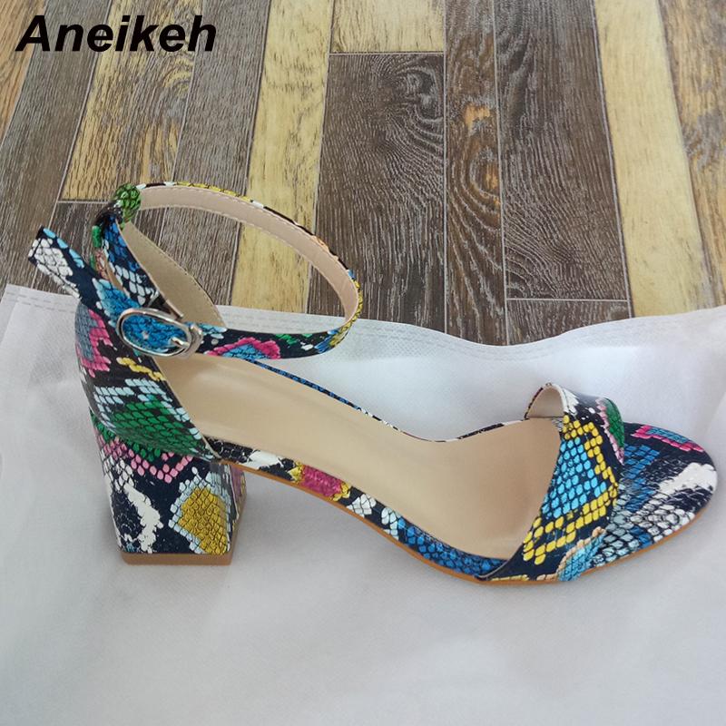 

Aneikeh Summer Leopard Print TOTEM Fashion Women Sandals Peep Toe Ankle Buckle Strap Thin High Heels Cover Heel Dress Shoes, Black