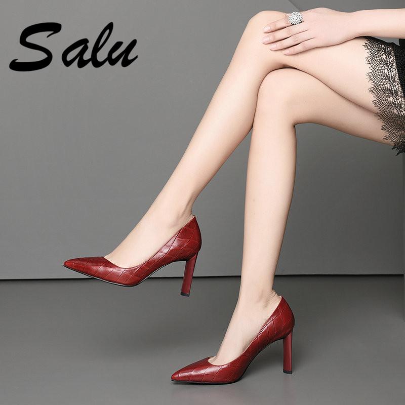 

Salu 2021 Top Quality Genuine Leather Shoes Women Pumps Pointed Toe Classic Comfortable Spring Summer Dress, Black